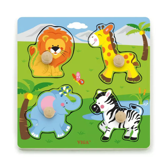 A New Classic Toys Big Wooden Knob Puzzle Wild with animals and a giraffe.