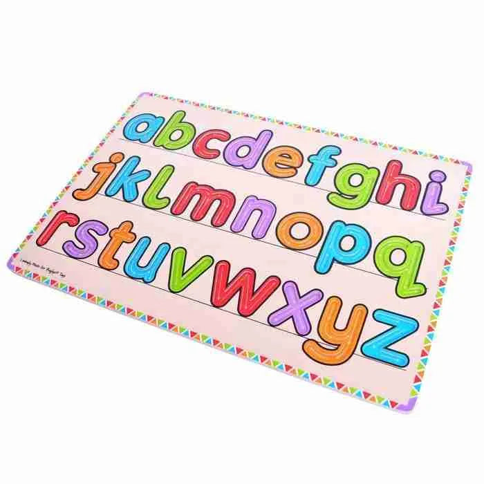 A pink Bigjigs Learn to write placemat with colorful letters on it.