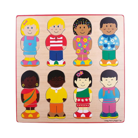 The Little Friends Puzzle is a vibrant wooden puzzle for toddlers, featuring ten cartoon children in various colorful outfits. With chunky pieces arranged in two rows on a light wood background, it's ideal for little hands to explore.