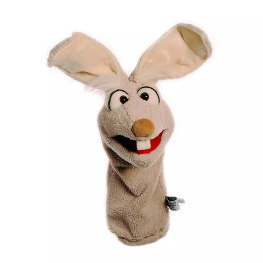 A Living Puppets Manfred the Mouse Glove Puppet with a toothbrush in its mouth.