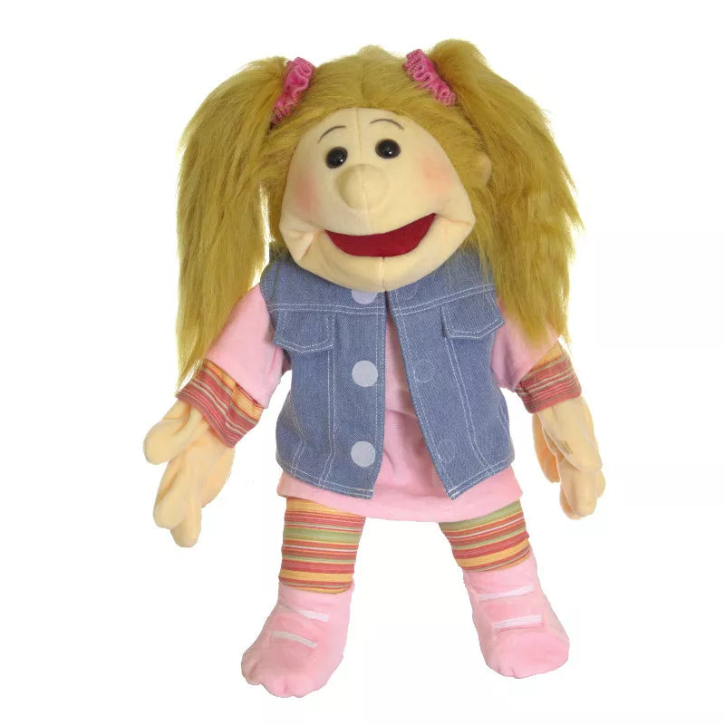 Living Puppets Fibi Hand Puppet 45cm with blonde hair wearing a blue jacket and pink dress.