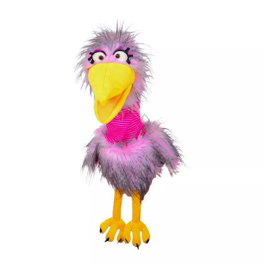A Living Puppets Madame Quassel Hand Puppet with a yellow beak and purple and yellow feathers.