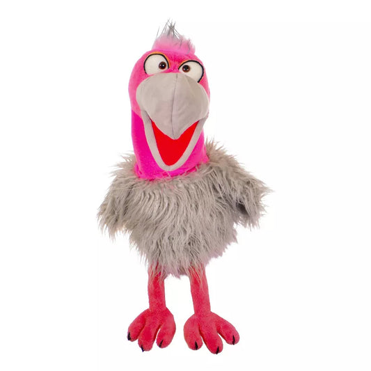 A Living Puppets Lari-fari Hand Puppet with a pink and grey body and a red beak.