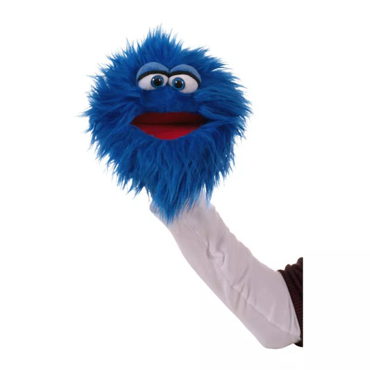 A Living Puppets Jabberwalky Hand Puppet holding a blue furry animal.