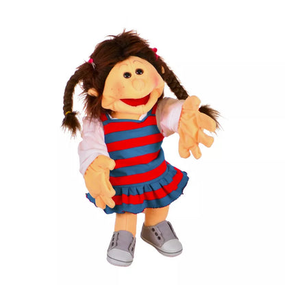 A Living Puppets Lischa Hand Puppet 45cm of a girl in a striped dress.