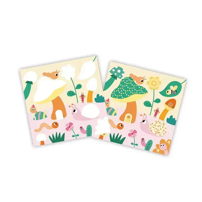 Illustration of a cute, whimsical garden scene with colorful elements. Characters include bears, snails, bees, butterflies, worms, birds, flowers, mushrooms, and plants—all designed with a friendly and cartoonish style. Perfect for your creative kit or to color using the Janod 2 Years - Magic Felt water marker.