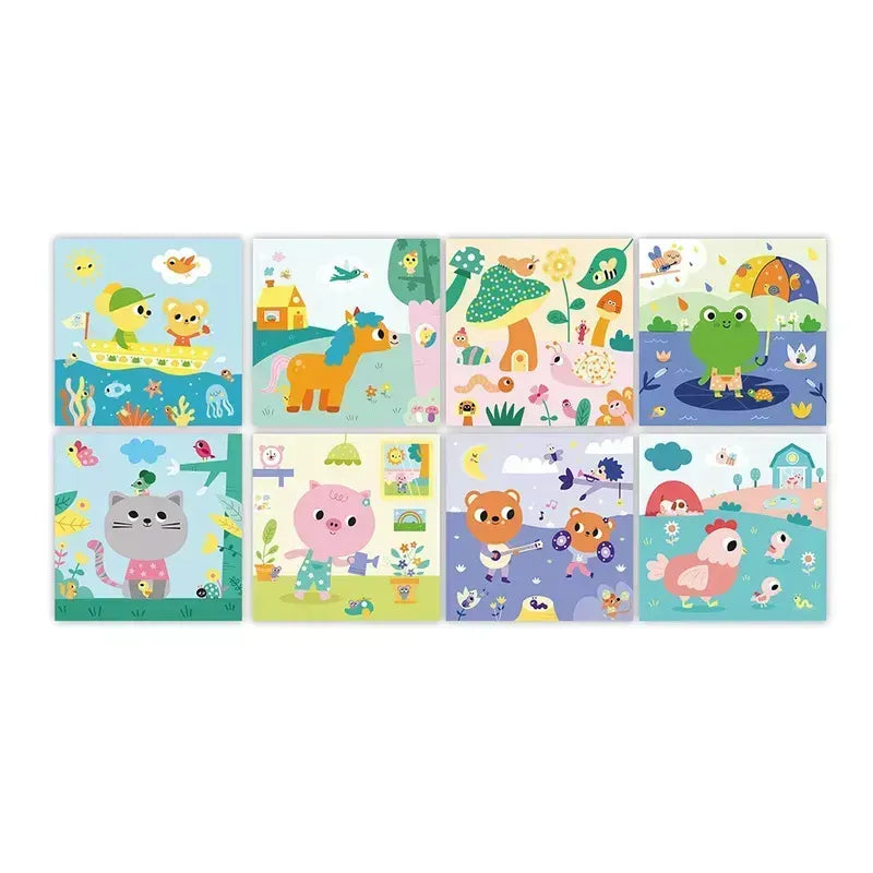 Introducing the Janod 2 Years - Magic Felt play mats, beautifully illustrated with vibrant animal scenes. Each mat features charming animals like a cat, frog, pig, bear, elephant, and rabbit engaging in various playful activities against patterned backgrounds. Enhance the experience with an included water marker for an interactive and creative kit that young children will love.