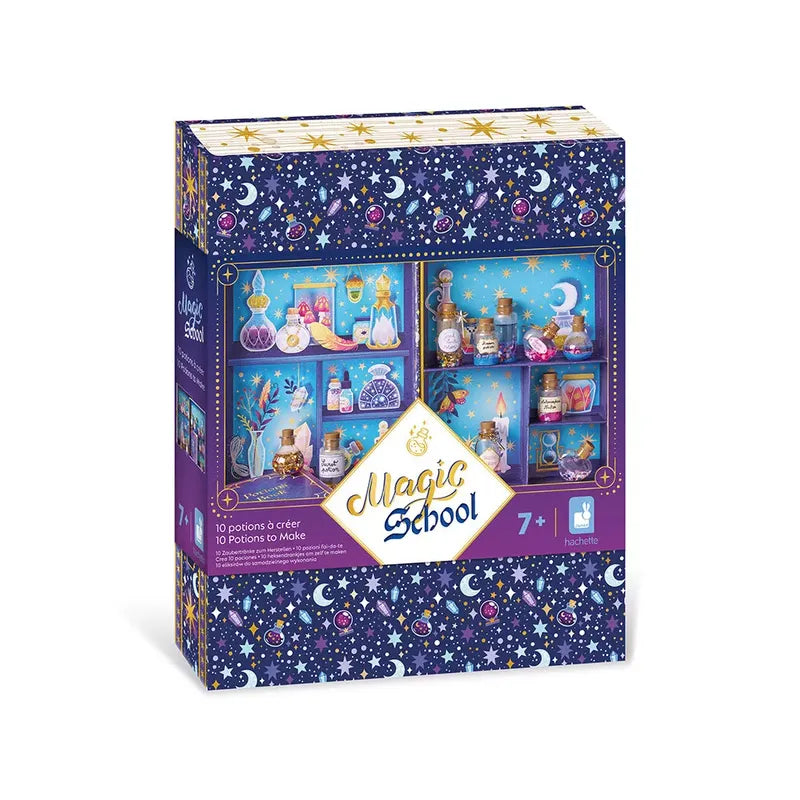 Image of a Janod Magic School - My Magic Potions toy set box. The box features a colorful, magical-themed design with stars and celestial patterns. It displays various potion bottles and magical items, indicating the set includes 10 potions to make for young magicians. This creative toy is for ages 7 and up.