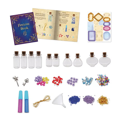 A potion-making kit for young magicians featuring a "Potions Book," stickers, small glass bottles with corks, various colorful beads, glitter, a funnel, string, a tiny spoon, and two tubes of glitter. This creative toy also includes magical-themed charms and decorative items for magic potion creation. The Janod Magic School - My Magic Potions offers an enchanting experience for budding wizards and witches.