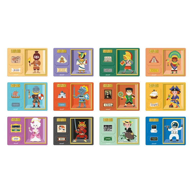 The Janod History Magneti'book features vibrant illustrated cards of historical figures, timelines, and cultural artifacts in a colorful grid layout against a white background, creating an engaging educational game.