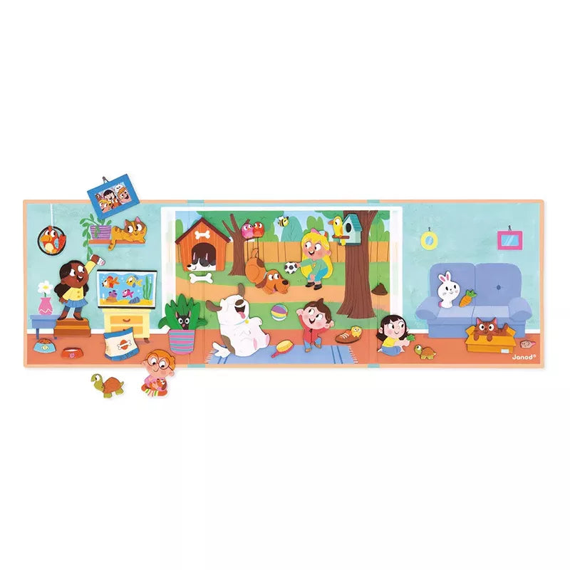 An illustrated panoramic puzzle featuring Janod Magneti'stories Pets, pets-themed magnets, and children engaged in various creative play activities in room and outdoor settings.