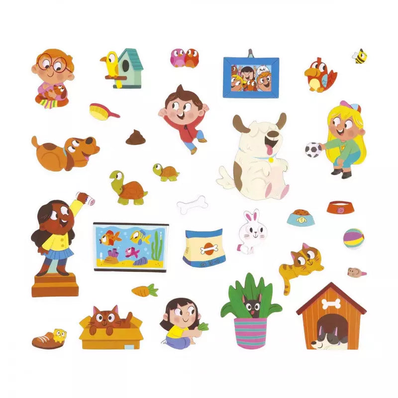 A colorful collage of assorted cute cartoon characters and motifs including children, animals, and various playful Janod Magneti'stories Pets-themed magnets, all isolated on a white background.