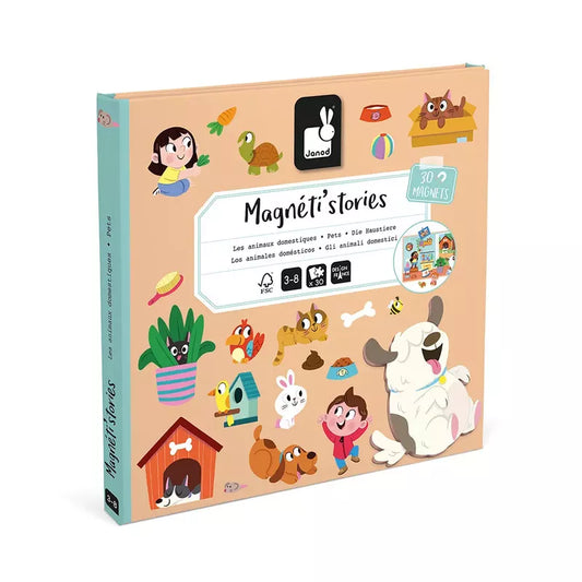 A colorful children's magnetic storybook kit titled "Janod Magneti'stories Pets" featuring various cute animal characters and pets-themed magnets for creative play and interactive storytelling.