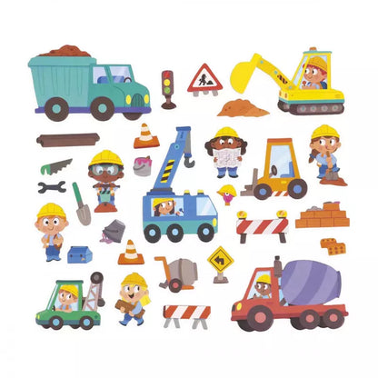 A colorful collection of Janod Magneti'stories The Building Site magnets featuring vehicles, workers, tools, signs, and construction materials.