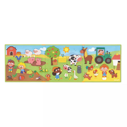 A vibrant puzzle depicting a busy day at the farm, with cheerful animals and farmers amid a scenic rural backdrop, now enhanced as Janod Magneti'stories The Farm.