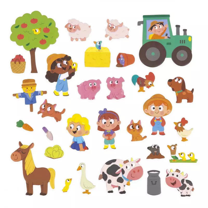 A colorful collection of Janod Magneti'stories The Farm featuring cute cartoon animals, farm equipment, fruit trees, and farmer characters against a white background for creative play.