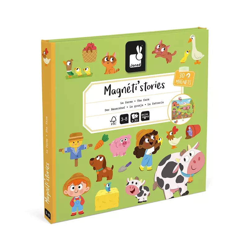 An educational children's magnetic game with Janod Magneti'stories The Farm magnets, featuring colorful illustrations of farm animals and children, designed to spark creative play and narrate stories.