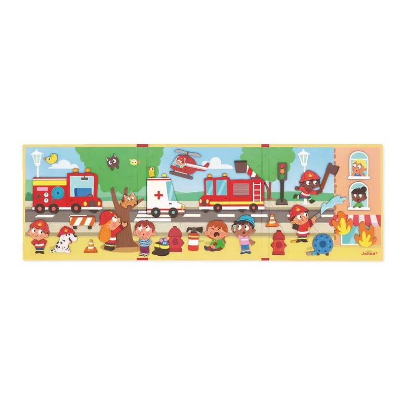 A colorful magnetic game depicting a busy emergency services scene with cartoonish characters, including Janod Magneti'stories Firefighters-themed magnets, a fire truck, an ambulance, and a police car, alongside playful elements like a mischievous.