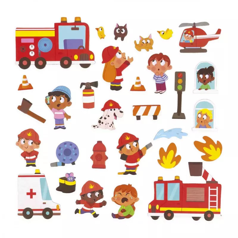 A collection of Janod Magneti'stories Firefighters, transformed into a magnetic game featuring creative play elements with fire trucks, helicopters, firefighters equipment, and various cute animals and characters interacting with.