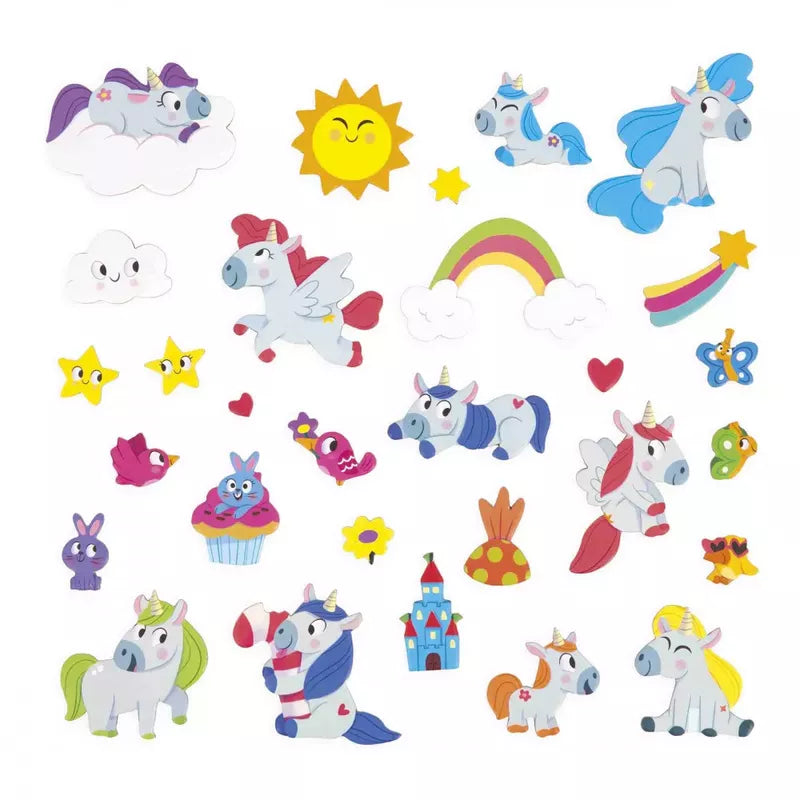 A collection of colorful and whimsical Janod Magneti'stories Unicorns featuring unicorns, clouds, a sun, rainbows, stars, hearts, and other fantasy elements inspired by imagination.