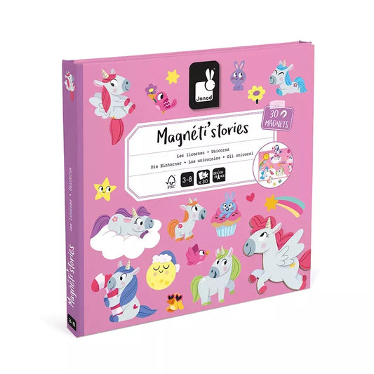 A colorful unicorn-themed book titled "Janod Magneti'stories Unicorns" with a collection of magnetic cartoon animal figures on the cover, including unicorns and narwhals, designed for children's creative.