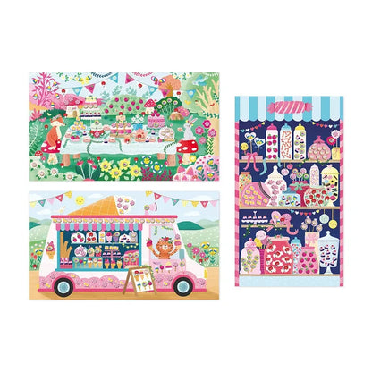 The Janod Cane Painting Sweet Treats is a colorful illustration designed as a creative kit for children aged 7 to 12 years. It features three panels: an outdoor picnic scene with animals, a vibrant ice cream truck with a bear vendor, and an array of assorted ice cream flavors and toppings against a blue and white background, perfect for decorating activities.