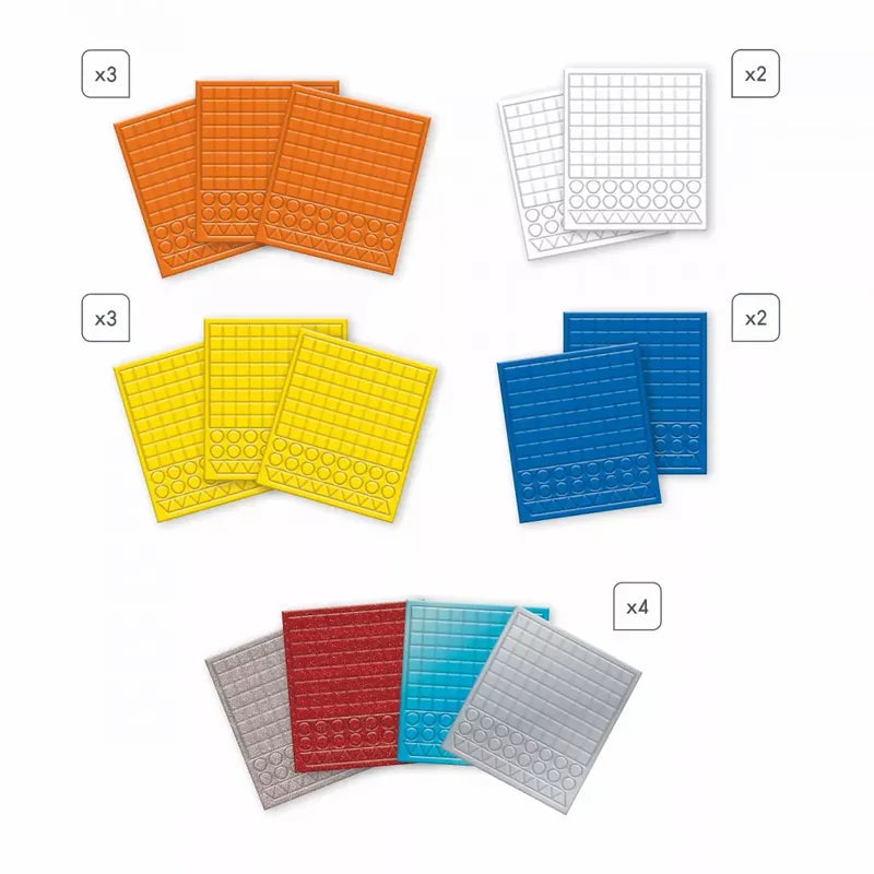 Image showing the Janod Mosaics Space craft kit, featuring several sets of colored sheets with grids and circular perforations. The orange and yellow sets each include 3 sheets, the white and blue sets each contain 2 sheets, and there are 4 mixed-color sheets (gray, red, light blue). This kit is perfect for astronaut fans aged 7 and up.