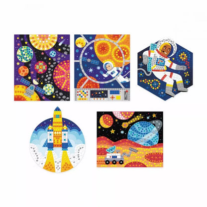 Introducing the Janod Mosaics Space—a vibrant mosaic-style illustration depicting a variety of space-themed scenes. This captivating design showcases astronauts floating near spacecraft and planets, a rocket ship poised for launch, and a lunar rover on a moon-like surface with planets and stars in the background. It is the perfect inspiration for any astronaut enthusiast or as part of a space-themed craft kit for kids aged 7 and up.