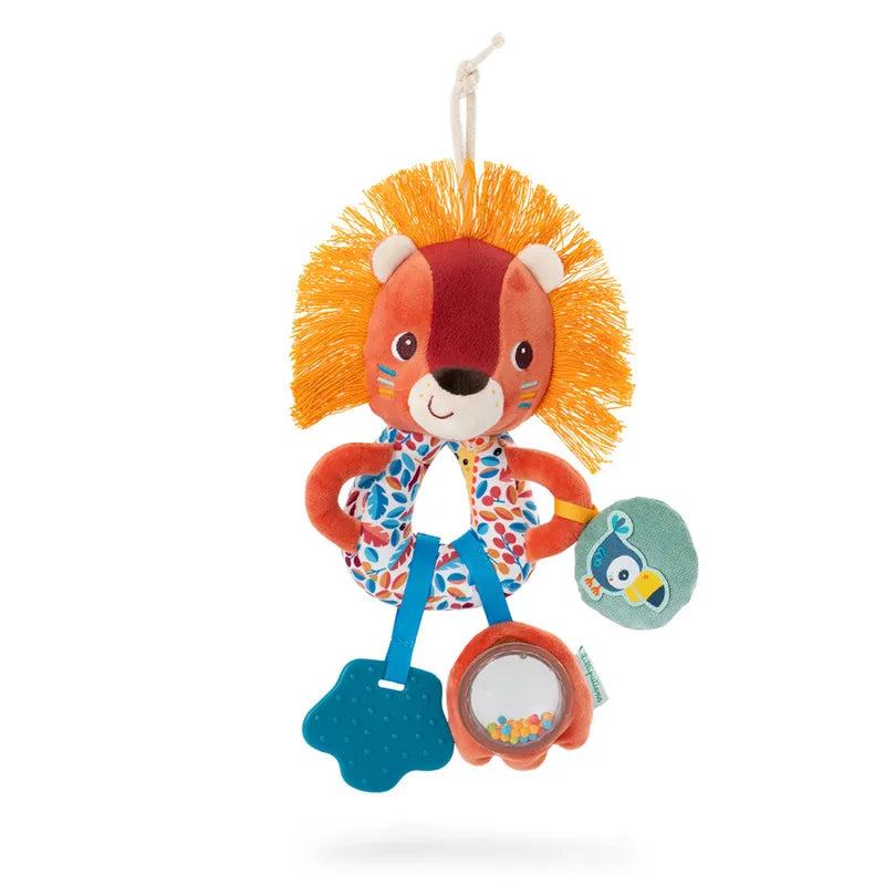 Lilliputiens Jack Multi Activity Rings with a colorful, textured mane. It holds a blue silicone teether shaped like a paw, a circular mirror, and a fabric disc with an owl design. This engaging toy aids in developing motor and cognitive skills and includes a hanging loop for attachment to cribs, strollers, or car seats. Suitable for babies 3 months+.