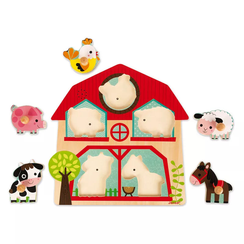 A Janod Musical Puzzle – Friends of the Farm with farm animals and a barn.
