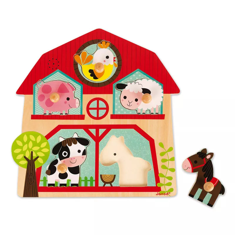 A Janod Musical Puzzle - Friends of the Farm with farm animals and a barn.