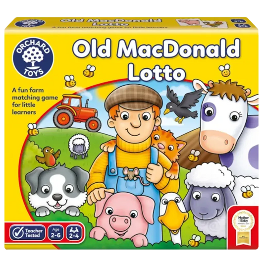 Image of the Orchard Toys Old Macdonald Lotto game box. The cover depicts a farmer with farm animals, including a cow, sheep, dog, pig, and hen, set against a backdrop of farming scenery with a tractor. Designed for children aged 2-6.