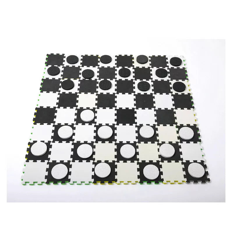 A black and white checkered board with circles on it is included in the 5 Big Games in One Set.