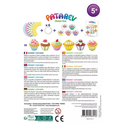 The back of a pack of Sentosphere Patarev Clay Cupcakes, including a toy Patarev.
