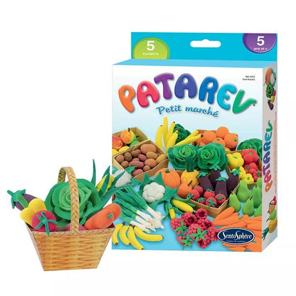 A box with a basket and a box with vegetables made from Sentosphere Patarev Clay Little Market, showcasing creativity.