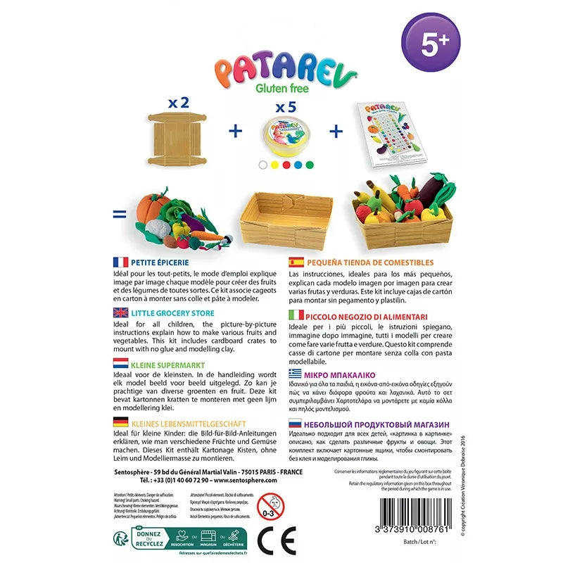 The back of a wooden toy box brimming with creativity and an assortment of items, including modelling clay and Sentosphere Patarev Clay Little Market.