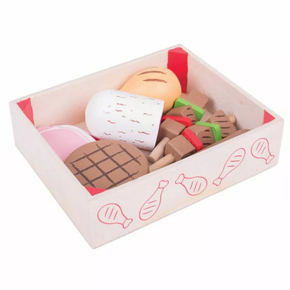 A Bigjigs Meat Crate Playfood filled with different types of cookies.