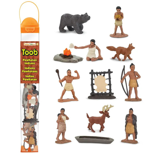 Image showing a collection of TOOB® Figurines Powhatan Indians themed around, including humans, animals, a canoe, and a campfire, all displayed next to their packaging.