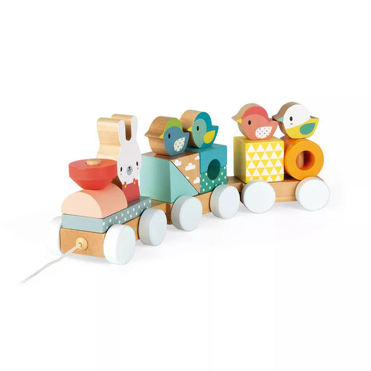 A Janod Pure Wooden Train with animals on it.