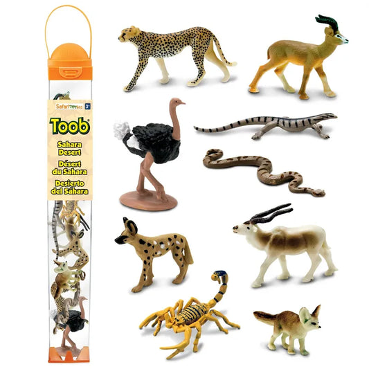 A collection of TOOB® Figurines Sahara Wüste featuring Sahara animal figures including a cheetah, ostrich, fennec fox, and others arranged on a white background.