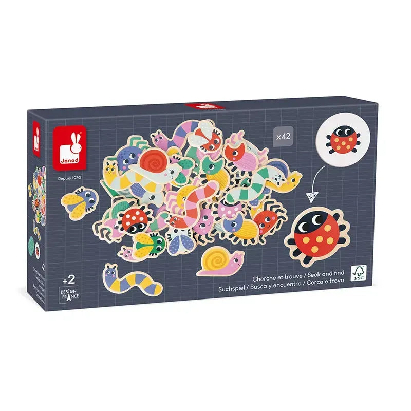 Janod Seek & Find - The Garden is a vibrant seek-and-find puzzle game designed for children, featuring illustrations of various insects and creatures such as ladybugs, worms, and snails. This garden-themed toy includes 42 pieces and offers multiple language translations. Suitable for ages 2 and up.