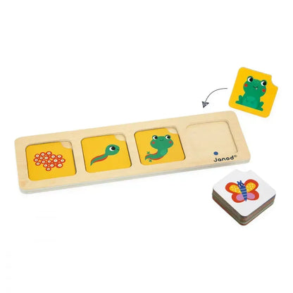 Introducing the Janod Sequences Cards - The Garden: This wooden puzzle, designed as an educational toy with a garden theme, features four square slots. Three of these slots depict the stages of a frog's life cycle—eggs, tadpole, and young frog. An empty fourth slot comes with a matching piece nearby. Additional butterfly-illustrated pieces are stacked to the side, aimed at enhancing logic and attention skills.