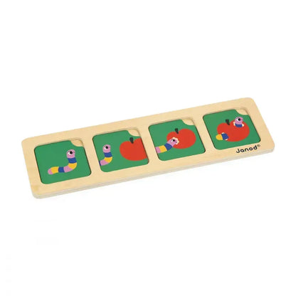 The Janod Sequences Cards - The Garden is a wooden puzzle that includes four pieces with vibrant illustrations of a caterpillar enjoying an apple. The pieces are arranged in a frame to depict the caterpillar's progression as it increasingly consumes the apple, moving from left to right. This educational toy by Janod aids in developing logic skills and understanding sequences.