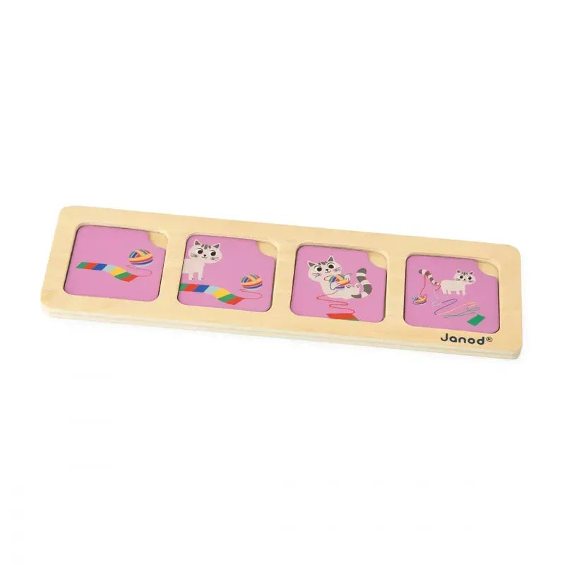 A garden-themed educational toy, the Janod Sequences Cards - The Garden features four pieces, each decorated with colorful illustrations of cats playing. The images include a cat with a ball of yarn, a cat with a rainbow ribbon, a cat wearing a rainbow collar, and a cat chasing a fish toy. Perfect for enhancing logic and attention skills.