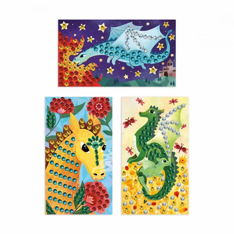 The Janod Sequins To Stick Dragons set showcases three vibrant artworks ideal for dragon-loving artists, featuring mythical creatures. The top image portrays a blue dragon soaring over a starry night sky. On the bottom left, a yellow horse embellished with intricate designs is displayed, while the bottom right features two green dragons amidst flowers and ladybugs.