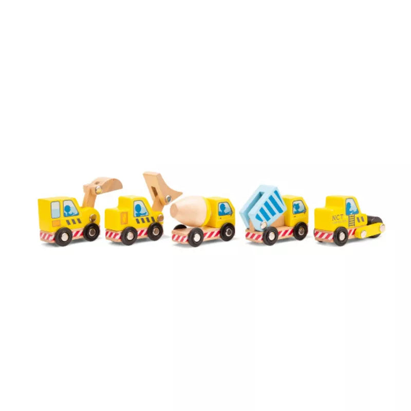 New Classic Toys Construction Vehicles set of 5 including a wooden toy train.