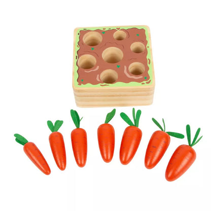 A group of Carrots Shape-Fitting Game sitting next to a wooden box.