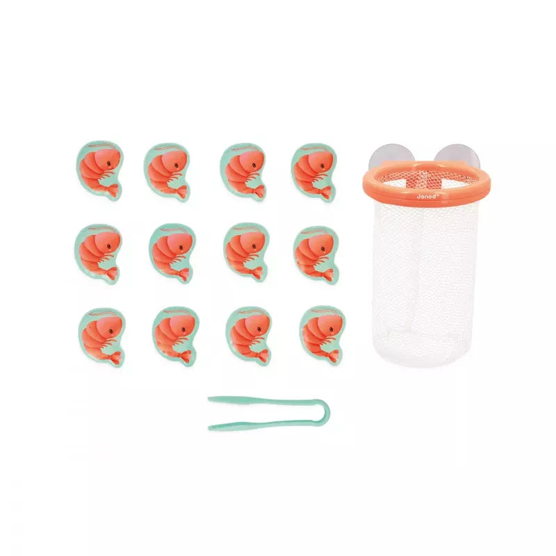 A set of twelve Janod Shrimp Catcher Bath Toys arranged in a three-by-four grid next to a white table tennis net with orange clips and a green net tension gauge on a white background, including an