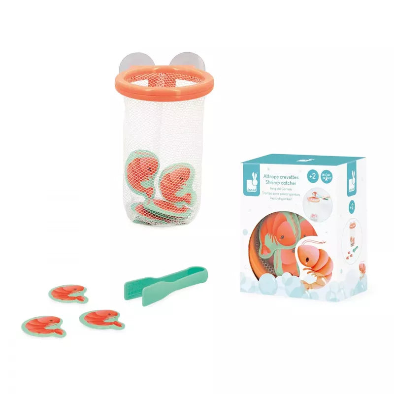 A Janod Shrimp Catcher Bath Toy set featuring colorful alphabet prawns with a net for scooping and storage during bathtime, including packaging.