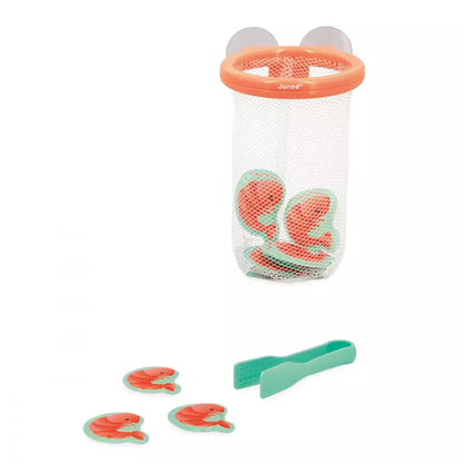 A set of Janod Shrimp Catcher Bath Toy, featuring a net with floating fish toys and a magnetic fishing rod on a white background.